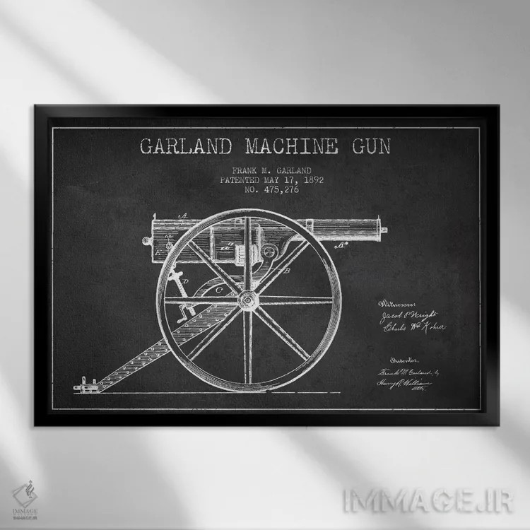 تابلو نقشهٔ ثبت اختراع اسلحه گارلند ذغالی اثر پیکسل کهنه (استودیو/نام هنری) - نمای قابدار مشکی