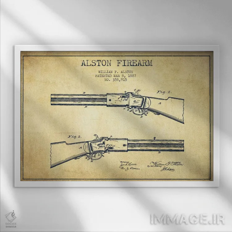 تابلو نقشهٔ ثبت اختراع سلاح آستون قدیمی اثر پیکسل کهنه (استودیو/نام هنری) - نمای قابدار سفید