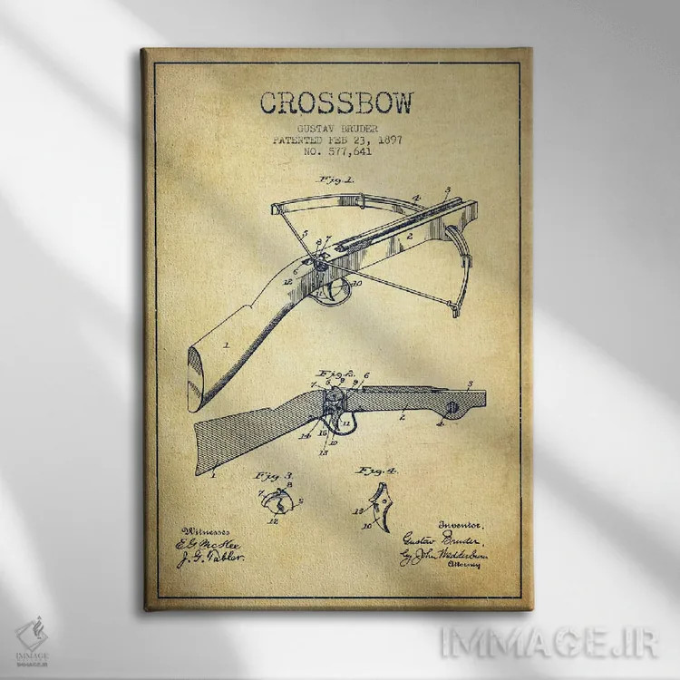 تابلو نقشهٔ ثبت اختراع کمان زنبورک ۱ قدیمی اثر پیکسل کهنه (استودیو/نام هنری) - نمای روبهرو روی دیوار