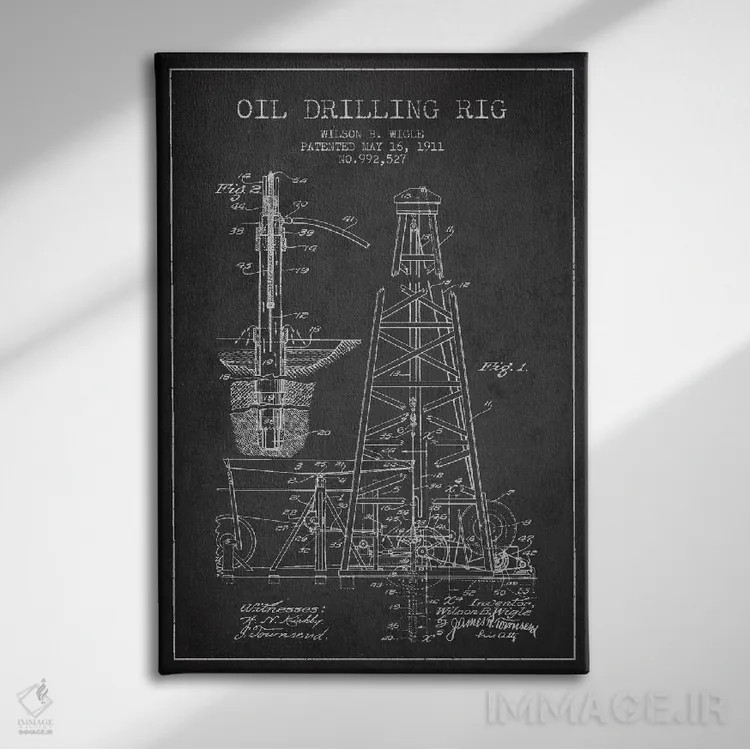 تابلو نقشهٔ ثبت اختراع دکل نفتی ذغالی اثر پیکسل کهنه (استودیو/نام هنری) - نمای روبهرو روی دیوار