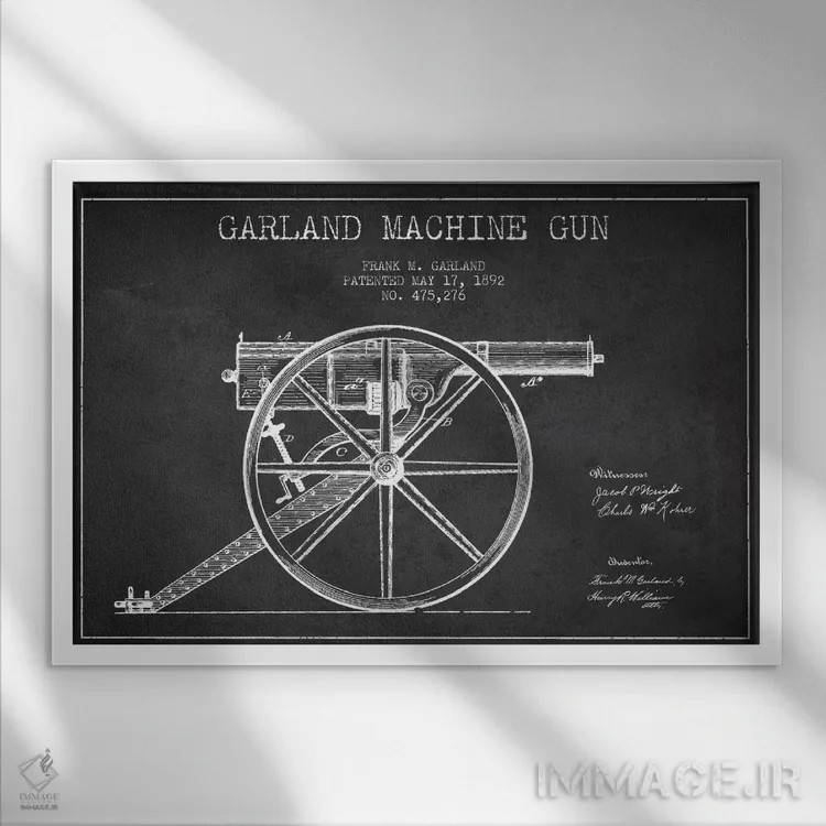 تابلو نقشهٔ ثبت اختراع اسلحه گارلند ذغالی اثر پیکسل کهنه (استودیو/نام هنری) - نمای قابدار سفید