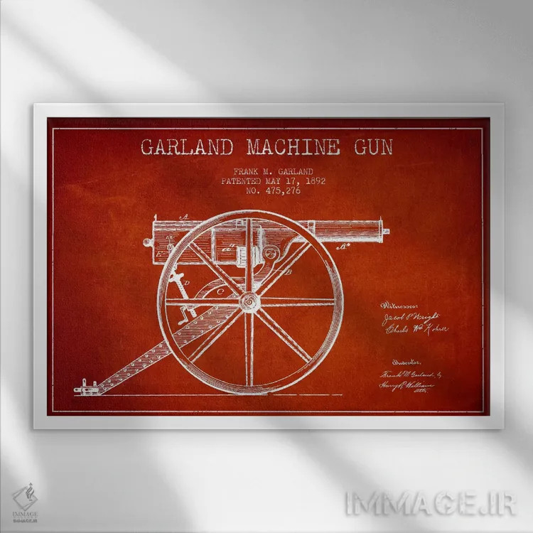تابلو نقشهٔ ثبت اختراع اسلحه گارلند قرمز اثر پیکسل کهنه (استودیو/نام هنری) - نمای قابدار سفید
