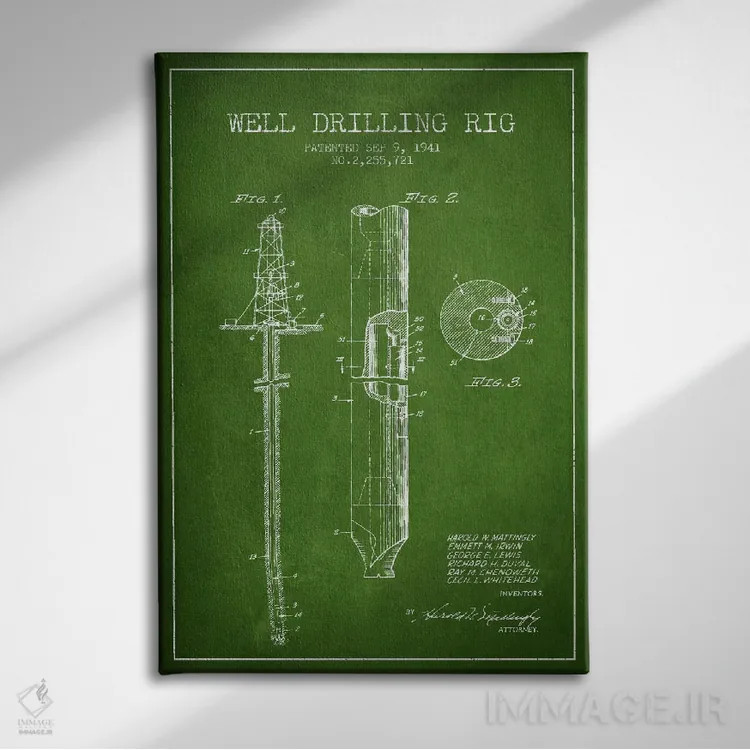 تابلو نقشهٔ ثبت اختراع دکل نفتی سبز اثر پیکسل کهنه (استودیو/نام هنری) - نمای روبهرو روی دیوار