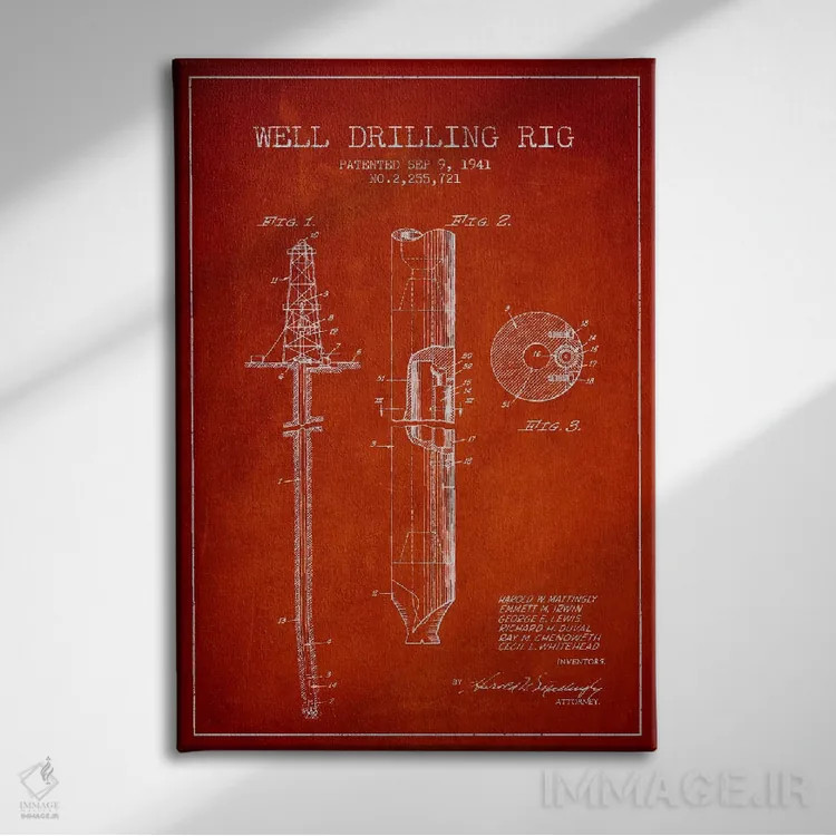 تابلو نقشهٔ ثبت اختراع دکل نفتی قرمز اثر پیکسل کهنه (استودیو/نام هنری) - نمای روبهرو روی دیوار