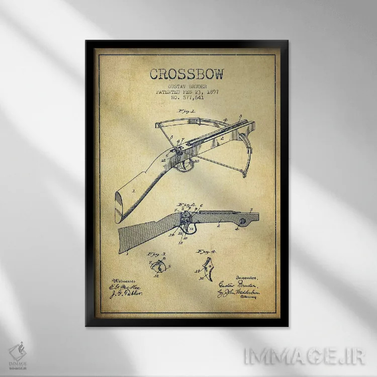 تابلو نقشهٔ ثبت اختراع کمان زنبورک ۱ قدیمی اثر پیکسل کهنه (استودیو/نام هنری) - نمای قابدار مشکی