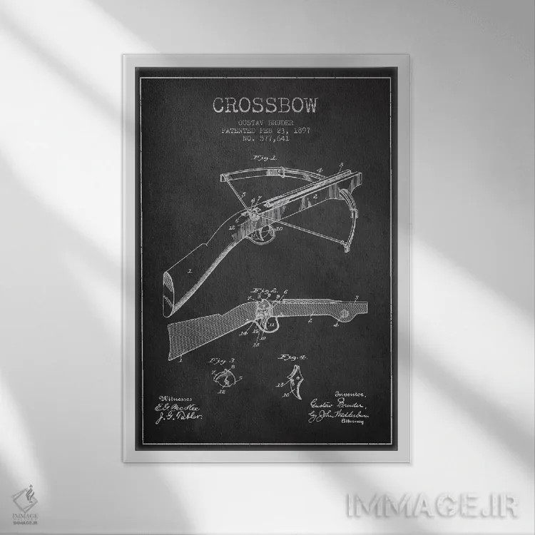 تابلو نقشهٔ ثبت اختراع کمان زنبورک ۱ ذغالی اثر پیکسل کهنه (استودیو/نام هنری) - نمای قابدار سفید