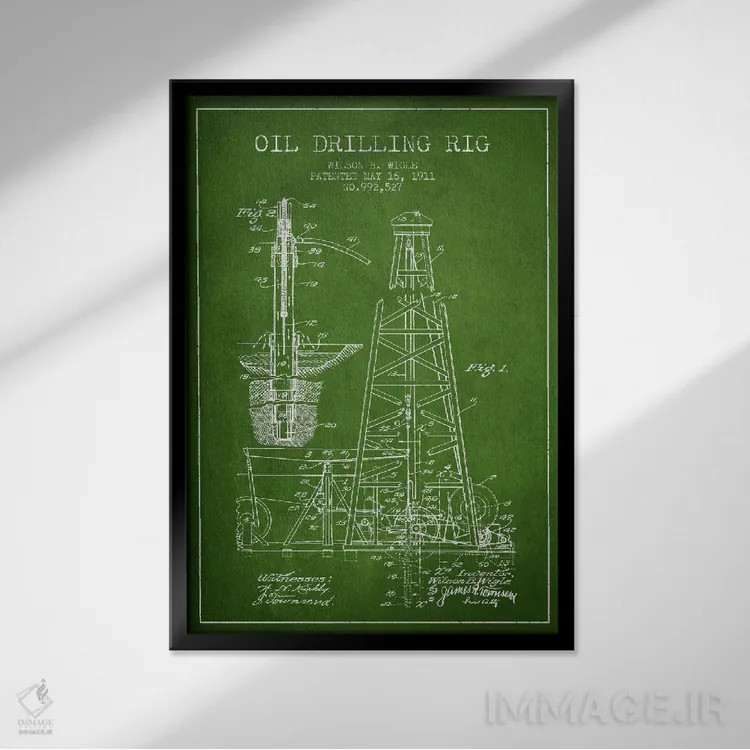 تابلو نقشهٔ ثبت اختراع دکل نفتی سبز اثر پیکسل کهنه (استودیو/نام هنری) - نمای قابدار مشکی