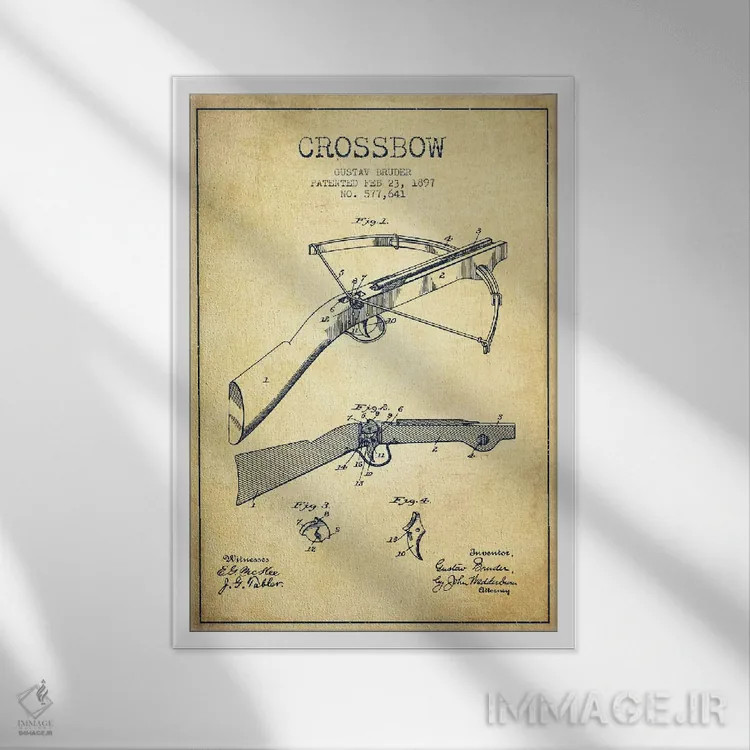 تابلو نقشهٔ ثبت اختراع کمان زنبورک ۱ قدیمی اثر پیکسل کهنه (استودیو/نام هنری) - نمای قابدار سفید