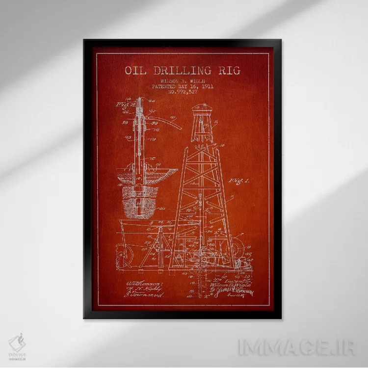 تابلو نقشهٔ ثبت اختراع دکل نفتی قرمز اثر پیکسل کهنه (استودیو/نام هنری) - نمای قابدار مشکی