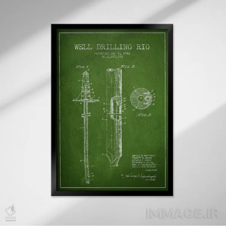 تابلو نقشهٔ ثبت اختراع دکل نفتی سبز اثر پیکسل کهنه (استودیو/نام هنری) - نمای قابدار مشکی