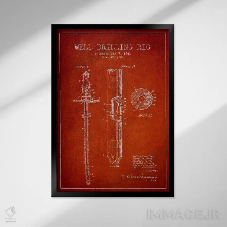 تابلو نقشهٔ ثبت اختراع دکل نفتی قرمز اثر پیکسل کهنه (استودیو/نام هنری) - نمای قابدار مشکی