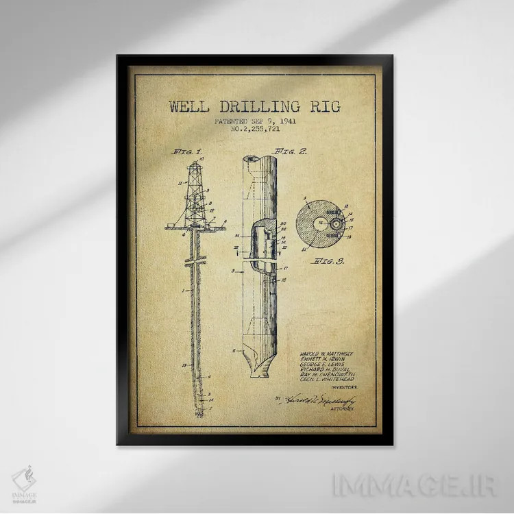 تابلو نقشهٔ ثبت اختراع دکل نفتی قدیمی اثر پیکسل کهنه (استودیو/نام هنری) - نمای قابدار مشکی