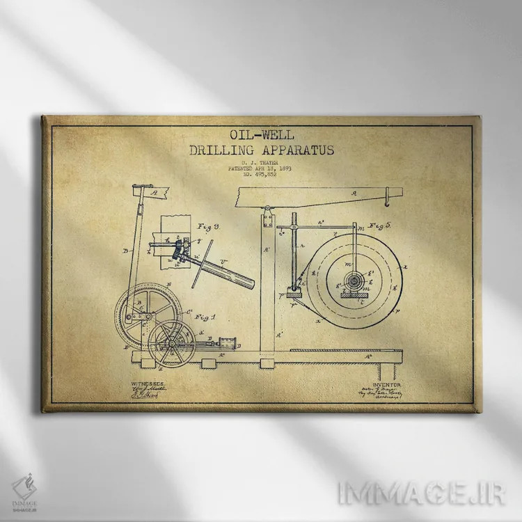 تابلو نقشهٔ ثبت اختراع دستگاه نفتی قدیمی اثر پیکسل کهنه (استودیو/نام هنری) - نمای روبهرو روی دیوار