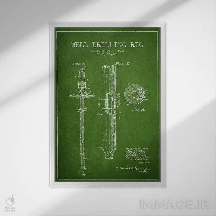 تابلو نقشهٔ ثبت اختراع دکل نفتی سبز اثر پیکسل کهنه (استودیو/نام هنری) - نمای قابدار سفید