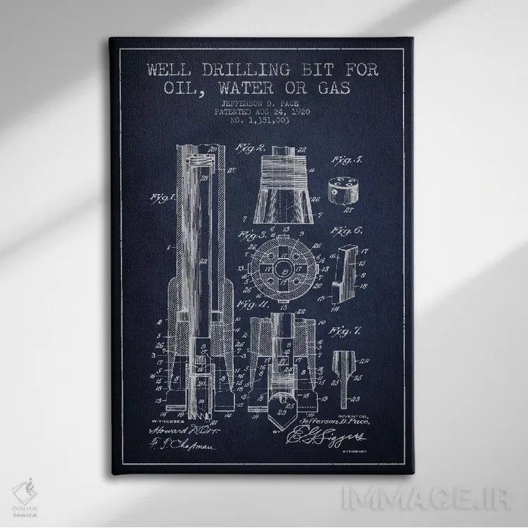 تابلو نقشهٔ ثبت اختراع مته حفاری نفت سرمهای اثر پیکسل کهنه (استودیو/نام هنری) - نمای روبهرو روی دیوار