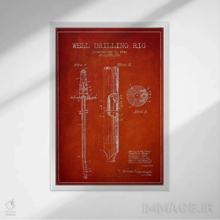 تابلو نقشهٔ ثبت اختراع دکل نفتی قرمز اثر پیکسل کهنه (استودیو/نام هنری) - نمای قابدار سفید