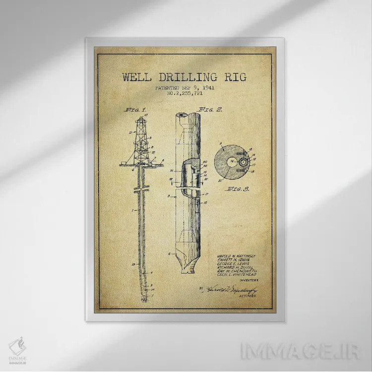 تابلو نقشهٔ ثبت اختراع دکل نفتی قدیمی اثر پیکسل کهنه (استودیو/نام هنری) - نمای قابدار سفید