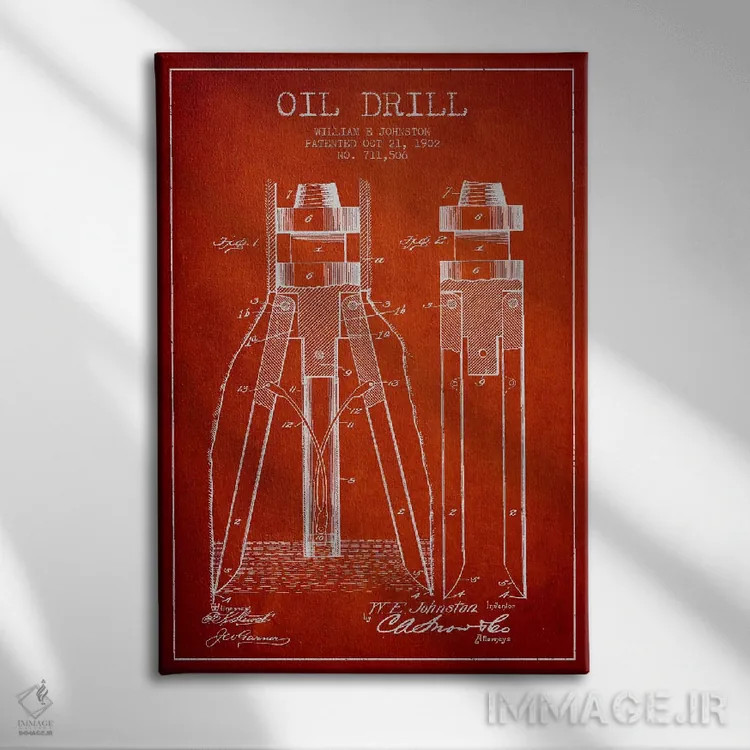 تابلو نقشهٔ ثبت اختراع مته حفاری نفت قرمز اثر پیکسل کهنه (استودیو/نام هنری) - نمای روبهرو روی دیوار
