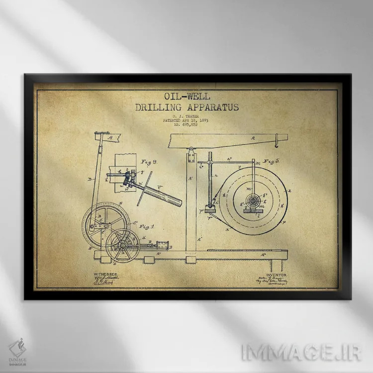 تابلو نقشهٔ ثبت اختراع دستگاه نفتی قدیمی اثر پیکسل کهنه (استودیو/نام هنری) - نمای قابدار مشکی
