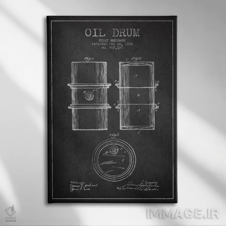 تابلو نقشهٔ ثبت اختراع بشکه نفت ذغالی اثر پیکسل کهنه (استودیو/نام هنری) - نمای روبهرو روی دیوار