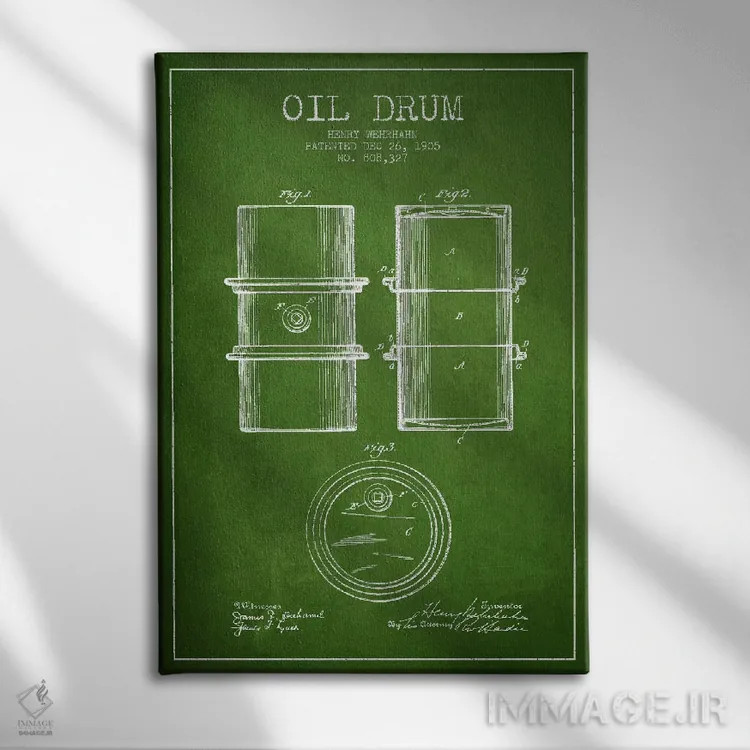 تابلو نقشهٔ ثبت اختراع بشکه نفت سبز اثر پیکسل کهنه (استودیو/نام هنری) - نمای روبهرو روی دیوار