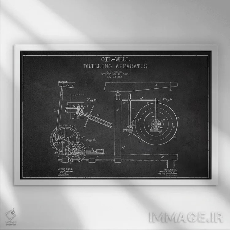 تابلو نقشهٔ ثبت اختراع دستگاه نفتی ذغالی اثر پیکسل کهنه (استودیو/نام هنری) - نمای قابدار سفید