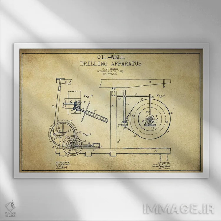 تابلو نقشهٔ ثبت اختراع دستگاه نفتی قدیمی اثر پیکسل کهنه (استودیو/نام هنری) - نمای قابدار سفید