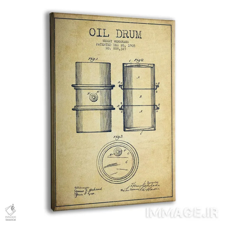 تابلو نقشهٔ ثبت اختراع بشکه نفت قدیمی اثر پیکسل کهنه (استودیو/نام هنری) - نمای پرسپکتیو محصول