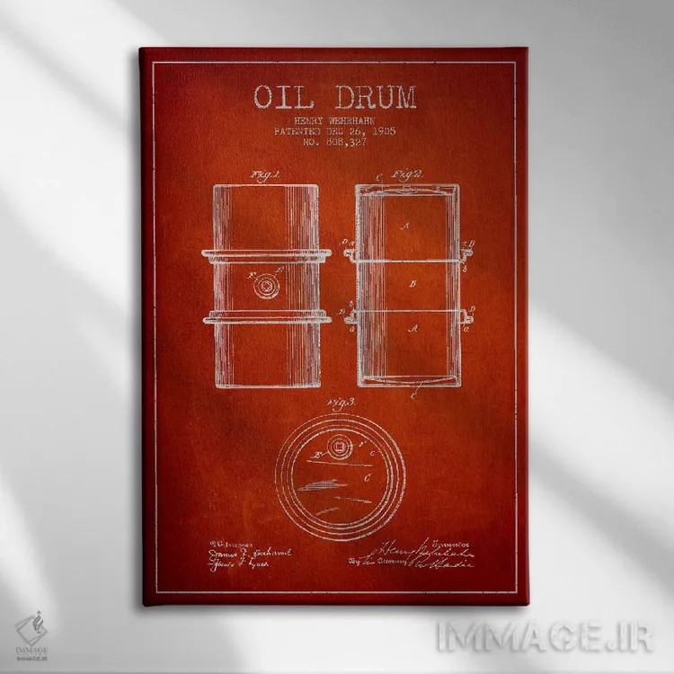 تابلو نقشهٔ ثبت اختراع بشکه نفت قرمز اثر پیکسل کهنه (استودیو/نام هنری) - نمای روبهرو روی دیوار