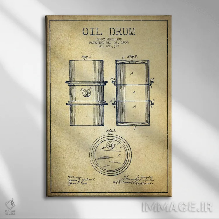 تابلو نقشهٔ ثبت اختراع بشکه نفت قدیمی اثر پیکسل کهنه (استودیو/نام هنری) - نمای روبهرو روی دیوار