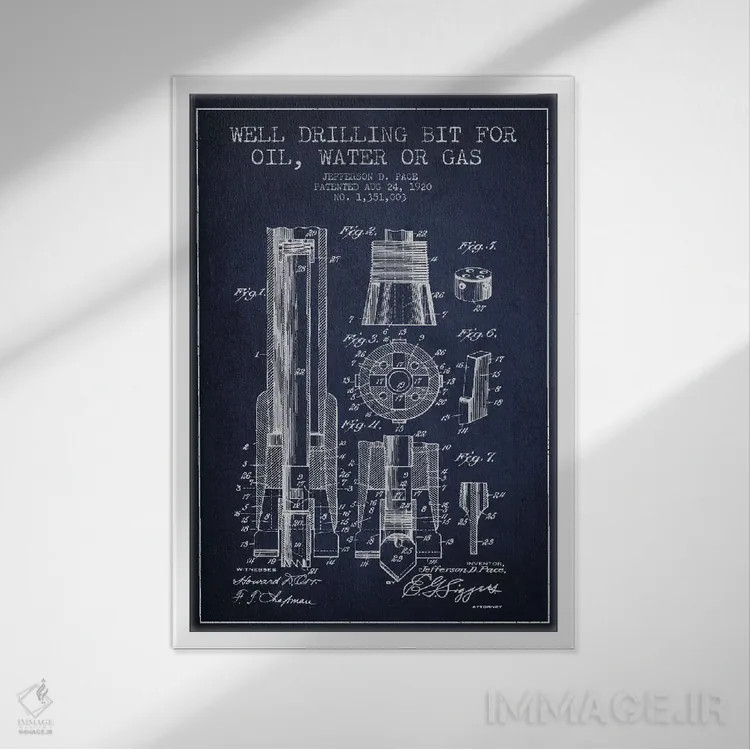 تابلو نقشهٔ ثبت اختراع مته حفاری نفت سرمهای اثر پیکسل کهنه (استودیو/نام هنری) - نمای قابدار سفید