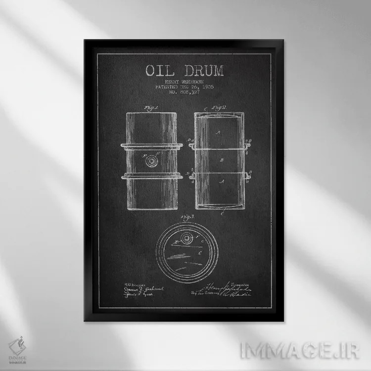 تابلو نقشهٔ ثبت اختراع بشکه نفت ذغالی اثر پیکسل کهنه (استودیو/نام هنری) - نمای قابدار مشکی