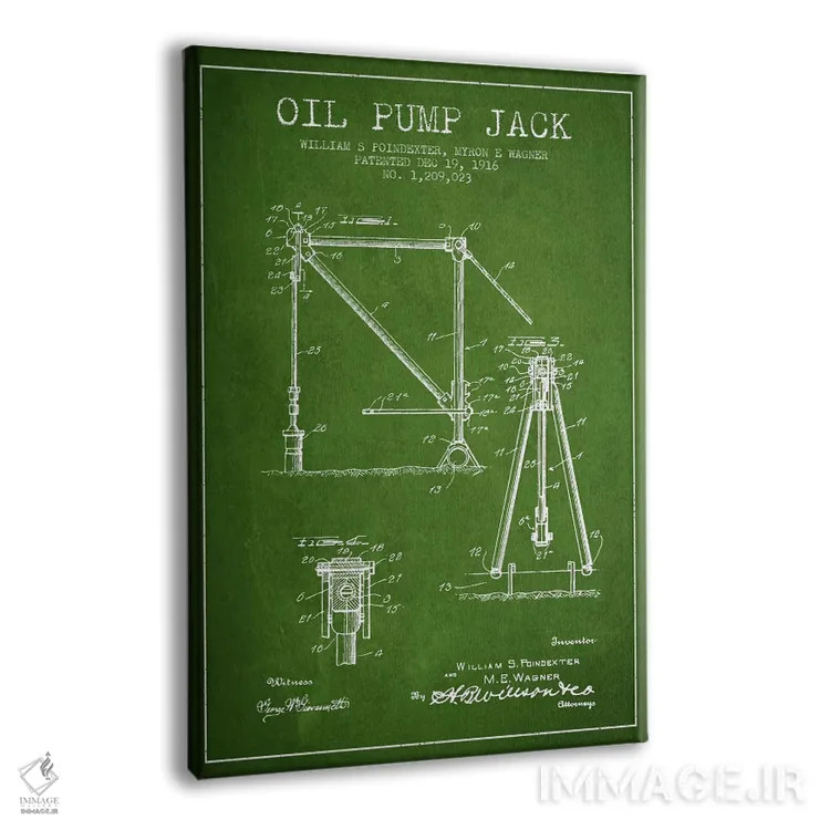 تابلو نقشهٔ ثبت اختراع جک پمپ نفت سبز اثر پیکسل کهنه (استودیو/نام هنری) - نمای پرسپکتیو محصول