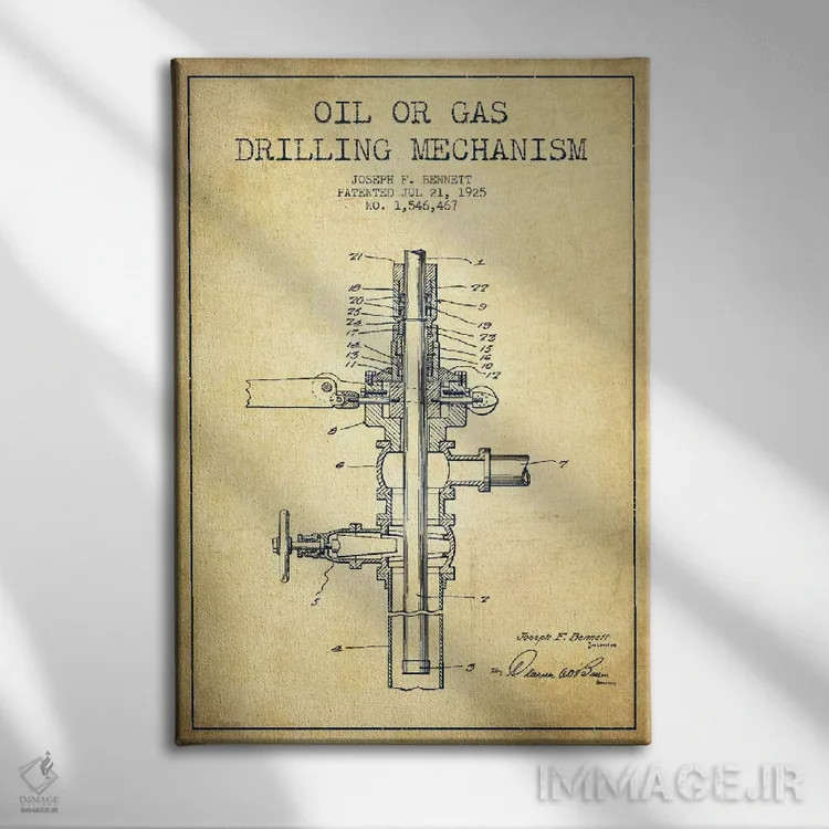 تابلو نقشهٔ ثبت اختراع مکانیزم گاز و نفت قدیمی اثر پیکسل کهنه (استودیو/نام هنری) - نمای روبهرو روی دیوار
