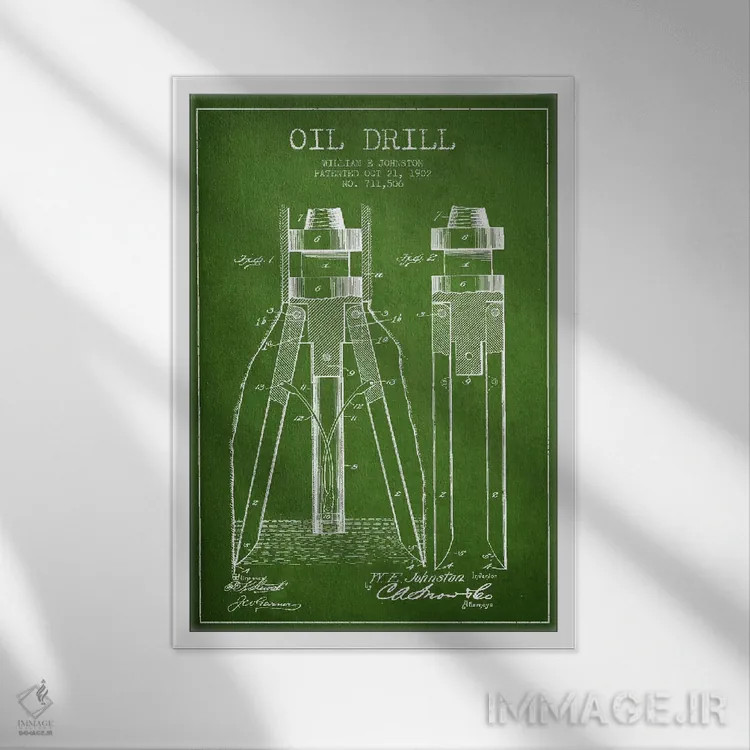 تابلو نقشهٔ ثبت اختراع مته حفاری نفت سبز اثر پیکسل کهنه (استودیو/نام هنری) - نمای قابدار سفید
