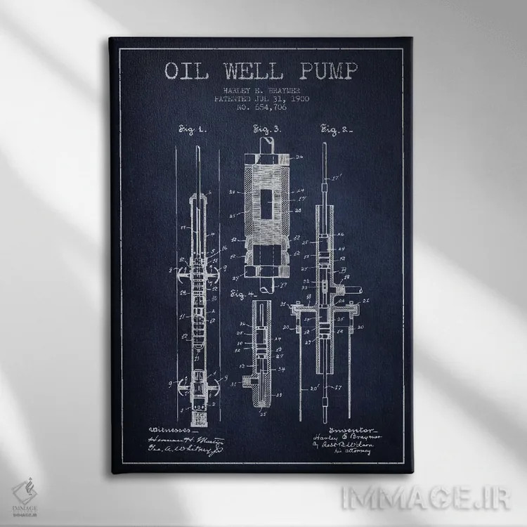 تابلو نقشهٔ ثبت اختراع پمپ نفت سرمهای اثر پیکسل کهنه (استودیو/نام هنری) - نمای روبهرو روی دیوار