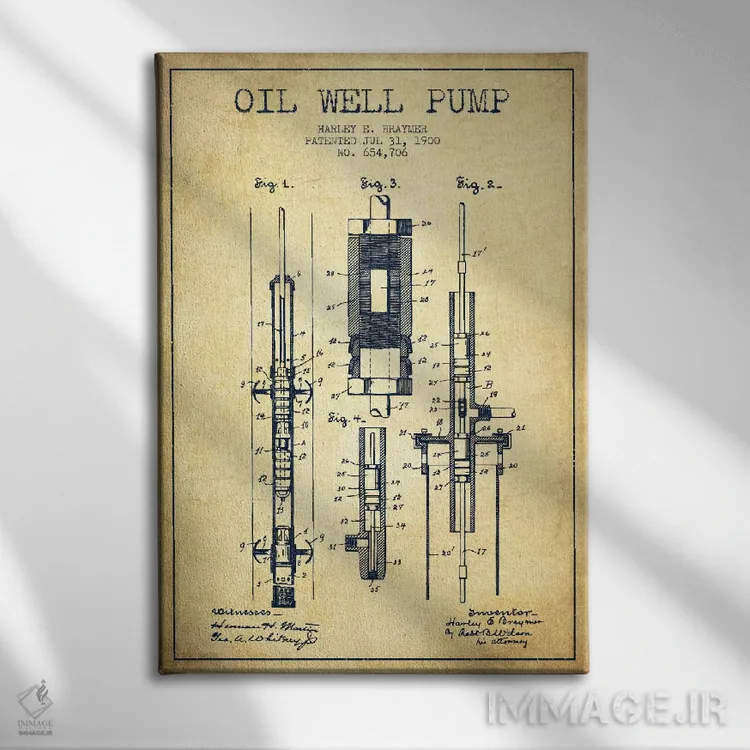 تابلو نقشهٔ ثبت اختراع پمپ نفت قدیمی اثر پیکسل کهنه (استودیو/نام هنری) - نمای روبهرو روی دیوار