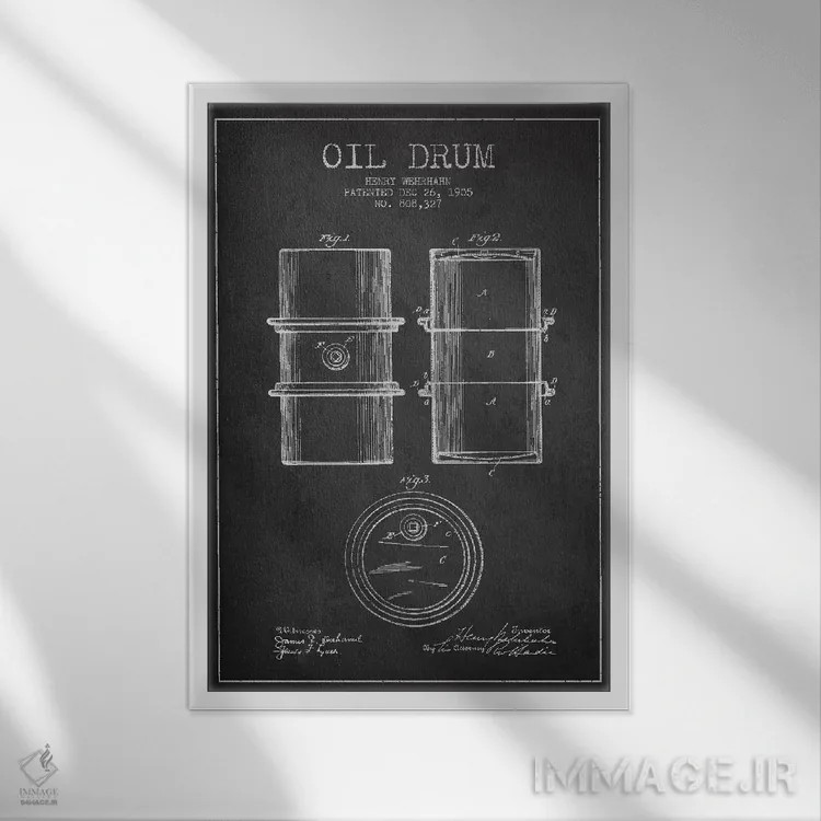 تابلو نقشهٔ ثبت اختراع بشکه نفت ذغالی اثر پیکسل کهنه (استودیو/نام هنری) - نمای قابدار سفید