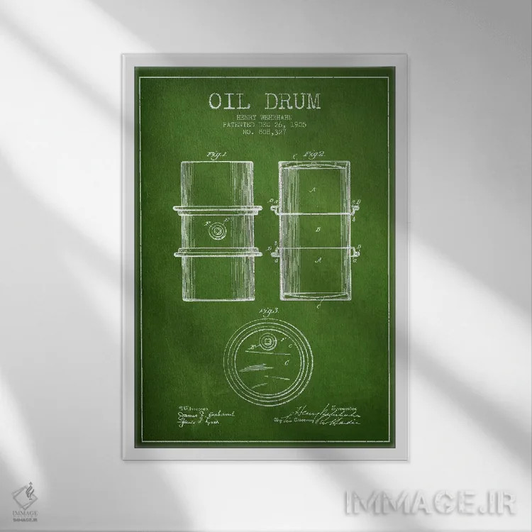 تابلو نقشهٔ ثبت اختراع بشکه نفت سبز اثر پیکسل کهنه (استودیو/نام هنری) - نمای قابدار سفید