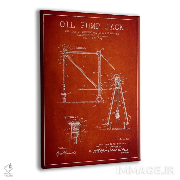 تابلو نقشهٔ ثبت اختراع جک پمپ نفت قرمز اثر پیکسل کهنه (استودیو/نام هنری) - نمای پرسپکتیو محصول
