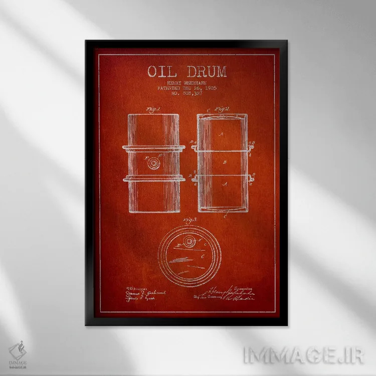 تابلو نقشهٔ ثبت اختراع بشکه نفت قرمز اثر پیکسل کهنه (استودیو/نام هنری) - نمای قابدار مشکی