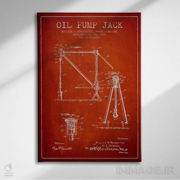 تابلو نقشهٔ ثبت اختراع جک پمپ نفت قرمز اثر پیکسل کهنه (استودیو/نام هنری) - نمای روبهرو روی دیوار