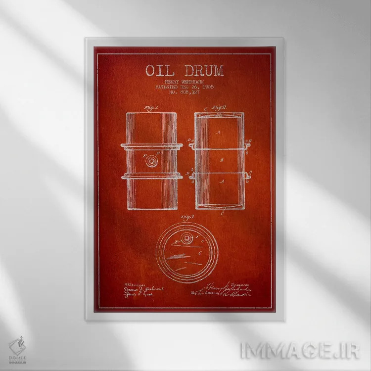 تابلو نقشهٔ ثبت اختراع بشکه نفت قرمز اثر پیکسل کهنه (استودیو/نام هنری) - نمای قابدار سفید