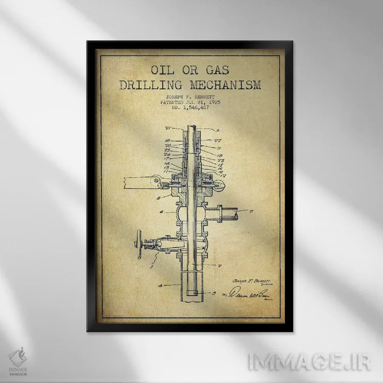 تابلو نقشهٔ ثبت اختراع مکانیزم گاز و نفت قدیمی اثر پیکسل کهنه (استودیو/نام هنری) - نمای قابدار مشکی