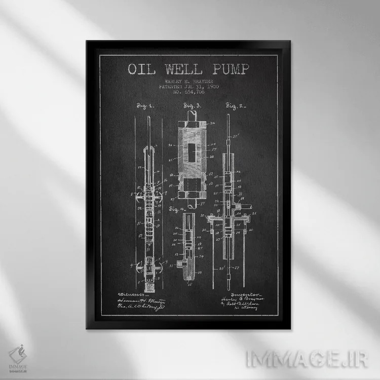 تابلو نقشهٔ ثبت اختراع پمپ نفت ذغالی اثر پیکسل کهنه (استودیو/نام هنری) - نمای قابدار مشکی
