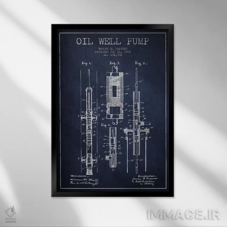 تابلو نقشهٔ ثبت اختراع پمپ نفت سرمهای اثر پیکسل کهنه (استودیو/نام هنری) - نمای قابدار مشکی