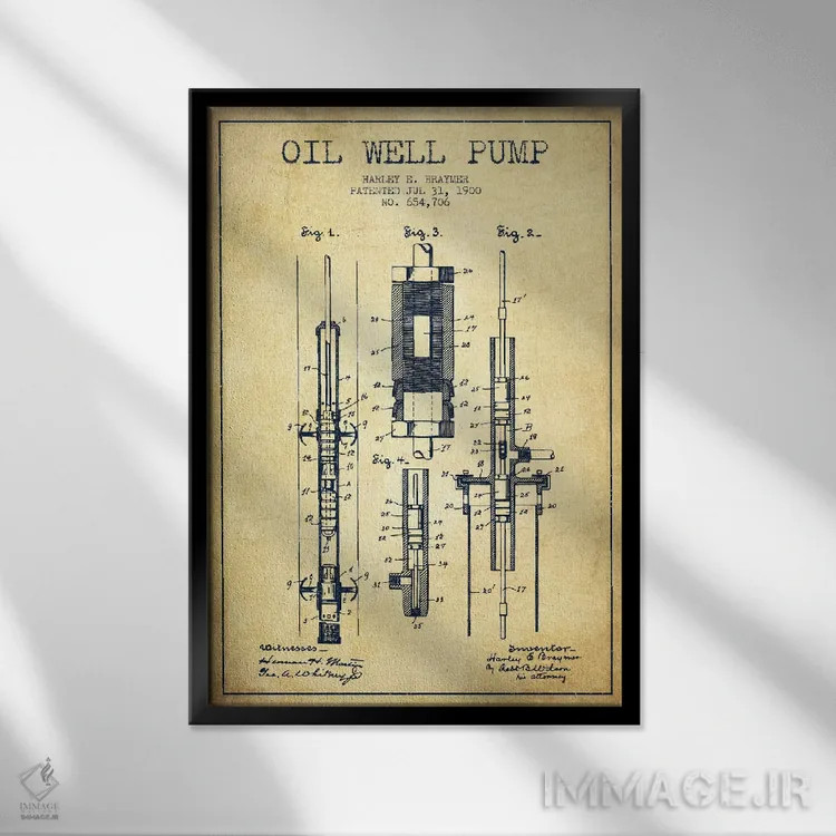 تابلو نقشهٔ ثبت اختراع پمپ نفت قدیمی اثر پیکسل کهنه (استودیو/نام هنری) - نمای قابدار مشکی