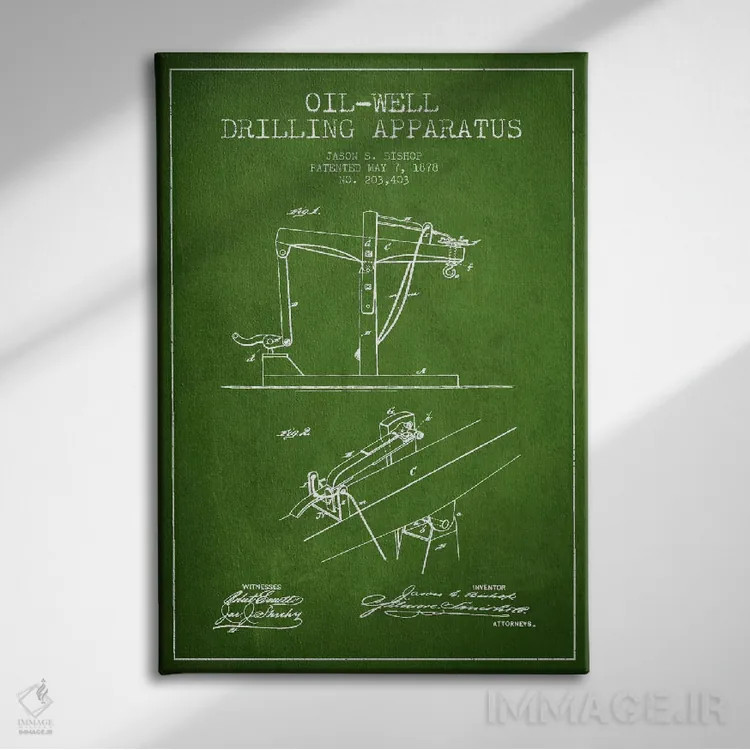 تابلو نقشهٔ ثبت اختراع دستگاه چاه نفت (سبز) اثر پیکسل کهنه (استودیو/نام هنری) - نمای روبهرو روی دیوار