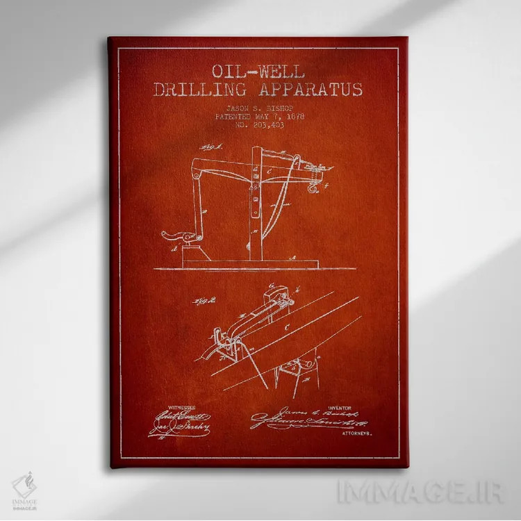 تابلو نقشهٔ ثبت اختراع دستگاه چاه نفت (قرمز) اثر پیکسل کهنه (استودیو/نام هنری) - نمای روبهرو روی دیوار