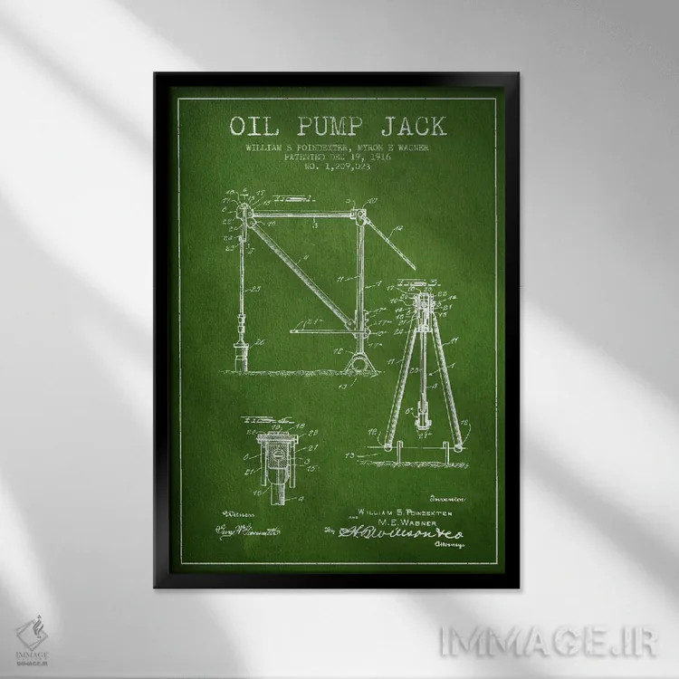 تابلو نقشهٔ ثبت اختراع جک پمپ نفت سبز اثر پیکسل کهنه (استودیو/نام هنری) - نمای قابدار مشکی